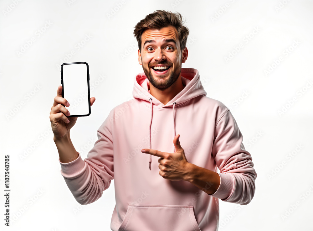 Poster handsome man in light pink hoodie presents empty smartphone screen. man happy, excited. points at sc