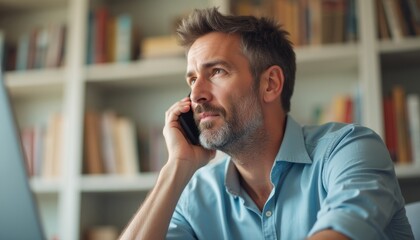 A focused man with a well-groomed beard is engaged in a phone conversation, surrounded by books in a warm, inviting library. His expression reflects deep contemplation, highlighting the blend of