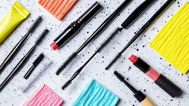 Overhead view of waterproof mascaras arranged with eyelash curlers and makeup remover wipes.