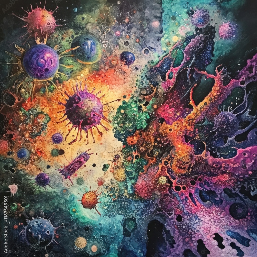 Poster Virus transformation and mutation in a vivid cosmic environment revealing colorful structures. Generative AI