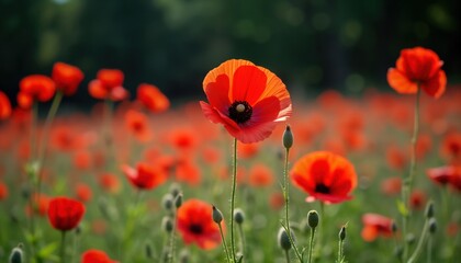 Fototapeta premium Vibrant red poppies fill field. Nature scene evokes remembrance. Flowers stand tall in green grass. Bright sunlight illuminates blossoms. Peaceful, solemn atmosphere. Suitable for remembrance day