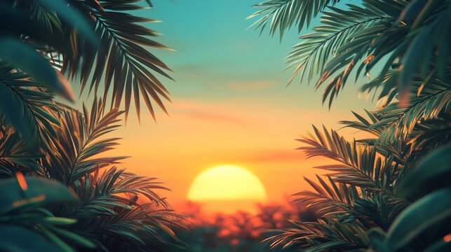 Tropical Sunset Framed by Lush Palm Leaves a Serene View of Golden Hour Skies and the Glowing Sun Setting Over Distant Trees - Powered by Adobe