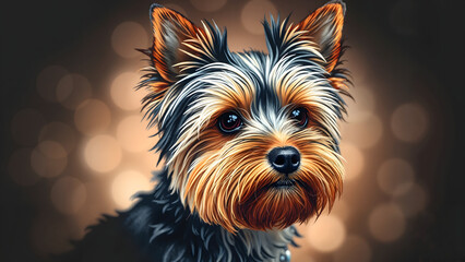 Naklejka premium Groomed Yorkshire Terrier looking curiously against a blurred background
