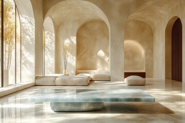 Modern Minimalist Japandi Style Living Room with Blue Dining Table Beige Walls and Natural Light