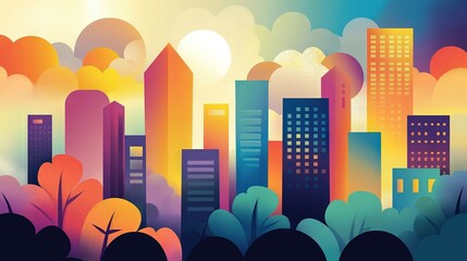  A cityscape painting featuring tree-lined foregrounds and a vibrant rainbow sky