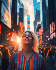 Obraz premium Portrait of a young woman smiling in sunglasses in vibrant Times Square New York City urban travel scene