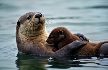 Sea otter mother, newborn pup cuddling in water. Otter family in Alaskan waters. Affectionate wildlife interaction. Cute animal moment in nature. Mother otter carefully holding baby. Playful scene in