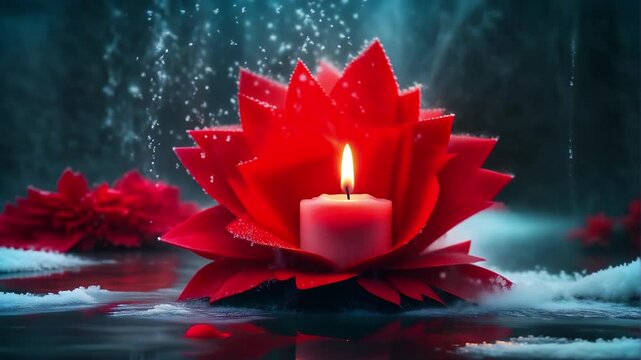 Winter scene. Red roses and burn wax candles. Flickering falling snowflakes. White snow in water, cold ice lake spa, soft art beauty, dark blue night magic moment. New year snowy garden seamless loop