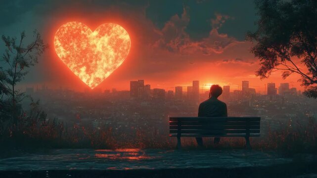 Man sitting alone on bench facing city skyline at sunset with glowing heart shape in evening sky, remembering love story. Concept of romantic memories, lost love, heartbreak