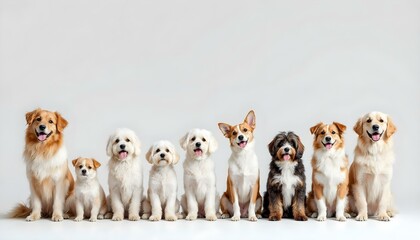 A lineup of 10 well-groomed dogs of different breeds, arranged by size, showcasing their unique features.