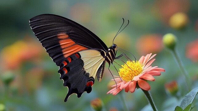 Closeup of a black and orange butterfly with red spots on its wings feeding on a vibrant orange flower in a lush garden