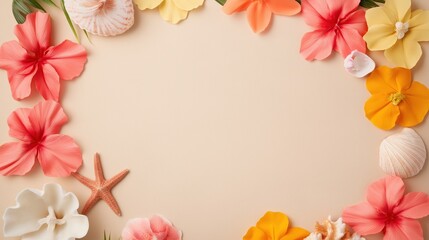 Obraz premium Summer beach decor with starfish and flowers for coastal design