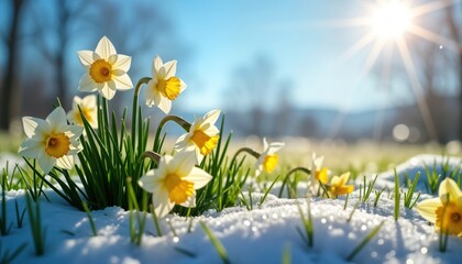 Spring flowers bloom amidst melting snow. Daffodils, grass sprout from ground covered with snow. Sunlight shines brightly on spring day. Vivid colors, fresh beauty prominent. Springtime in nature © Pete