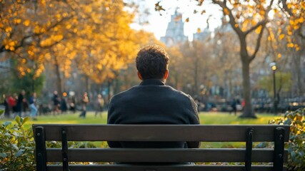 Lonely man sits on bench in busy autumn park watching people pass by. Back view of person observing crowded life from distance. Concept of solitude in modern society, lost love, separation