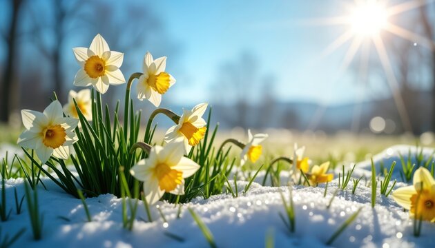 Spring flowers bloom amidst melting snow. Daffodils, grass sprout from ground covered with snow. Sunlight shines brightly on spring day. Vivid colors, fresh beauty prominent. Springtime in nature