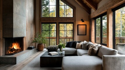   A cozy living room brimming with furniture, featuring a majestic fireplace centered before a sprawling bay window adorned with numerous panes