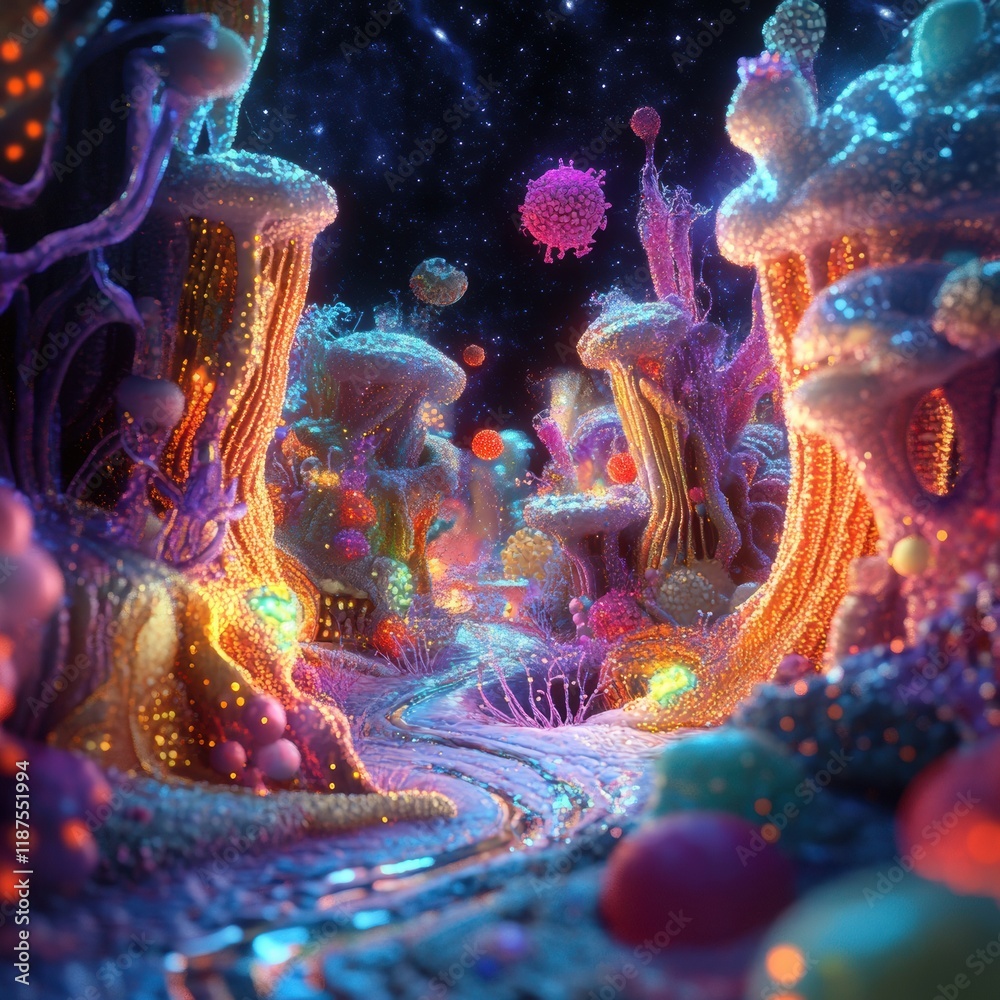 Poster vibrant microscopic landscape showcasing glowing viruses in a colorful and intricate environment. ge