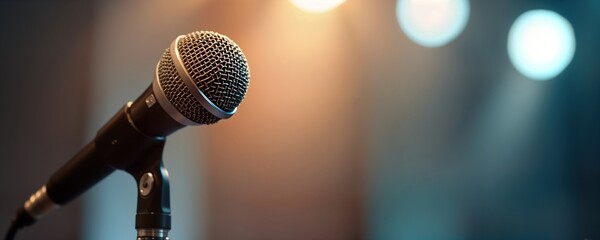 Close-up microphone on stand. Blurry background with stage lights. Perfect for speaker presentations event. Speaker ready to talk. Audio equipment. Presentation background. Conference photo. Seminar