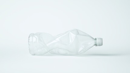Discarded plastic water bottle with crushed design on white background