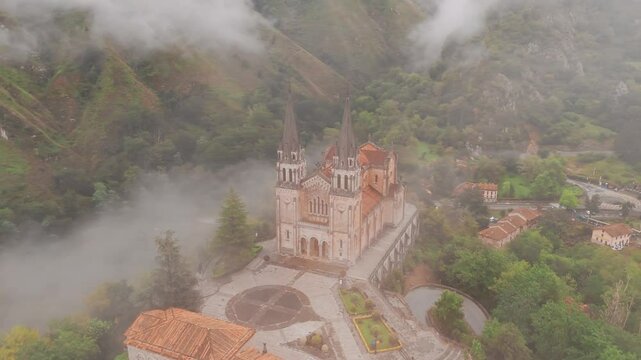 Aerial view of the Covadonga Sanctuary in Asturias, Northern Spain.