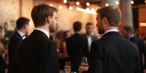 Two sophisticated individuals engage in a meaningful conversation at a stylish event, with a backdrop of mingling guests and sparkling drinks, exemplifying social connections and interactions.