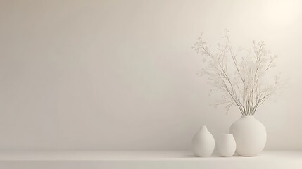 Minimalist white vases with dried flowers on a shelf