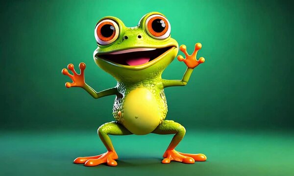 Cute Cartoon Frog Dancing on a Green Background