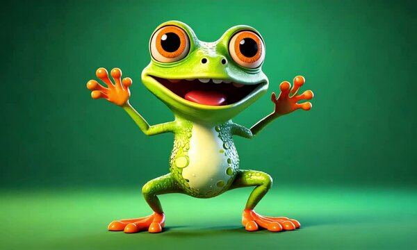 Cute Cartoon Frog Dancing on a Green Background