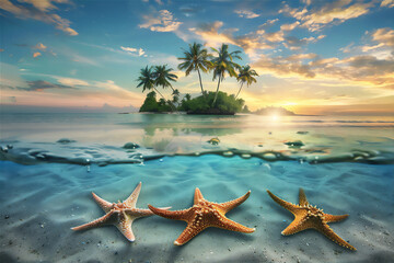 Fototapeta na wymiar Tropical island with half under water view, version 39
