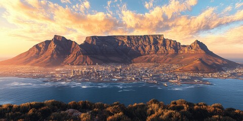 Obraz premium Breathtaking Aerial View of Cape Town with Iconic Table Mountain at Sunset Overlooking the Cityscape and Ocean Shoreline Ideal for Travel and Nature Enthusiasts