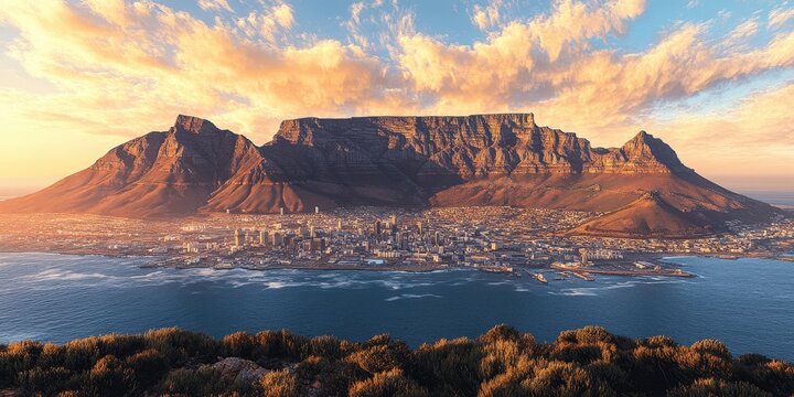 Breathtaking Aerial View of Cape Town with Iconic Table Mountain at Sunset Overlooking the Cityscape and Ocean Shoreline Ideal for Travel and Nature Enthusiasts