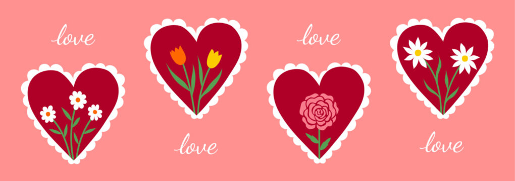 Adorable heart and floral patterns with the word love, ideal for Valentine's Day, Mother's Day, anniversaries, and celebrating love. Vector illustration with pink background.