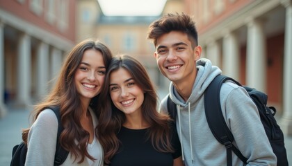 A trio of young adults, two women and one man, stand close together, radiating joy in a charming courtyard. Their backpacks hint at a day of adventure, while the warm sunlight enhances their vibrant