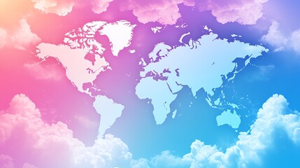 Global Dreamscape: A World Map Embraced by Pastel Clouds