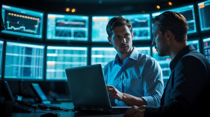 Tech Professionals Collaborating on Laptop with Data Visualization Screens