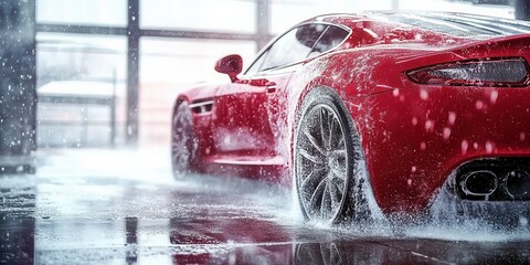 Modern red luxury sport car in a car wash with foam, transport concept banner.