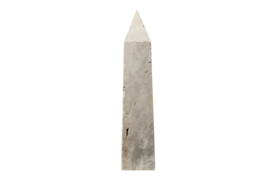 Stone obelisk standing upright on a neutral background highlighting its tall and slender form with a pointed tip