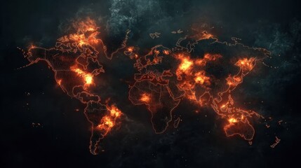 World map illustrating zones of viral spread with highlighted areas indicating intensity of outbreaks globally. Generative AI