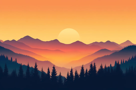 A beautiful mountain range with a sun setting in the background