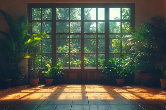 Sunlit Room with Tropical Plants and Large Window