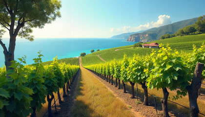 Fototapeta premium Vineyard overlooking blue ocean with hills and greenery