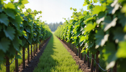 Fototapeta premium Vineyard rows with lush green grape leaves under blue sky