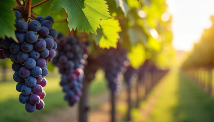 Fototapeta premium Grapes hanging on vine in vineyard during sunset