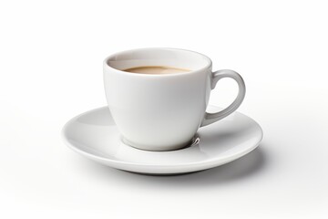 White coffee cup on saucer filled with warm beverage against a plain background creating a minimalistic setting