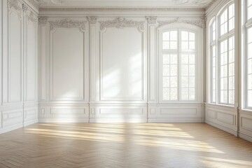 Obraz premium Bright Airy Minimalist Interior with White Walls and Crown Molding