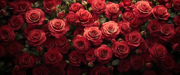 Lush red roses floral background.