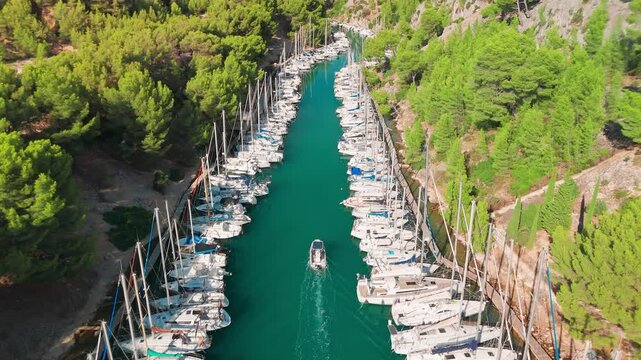 Aerial view of Calanque de Port Miou on the Mediterranean coast of France