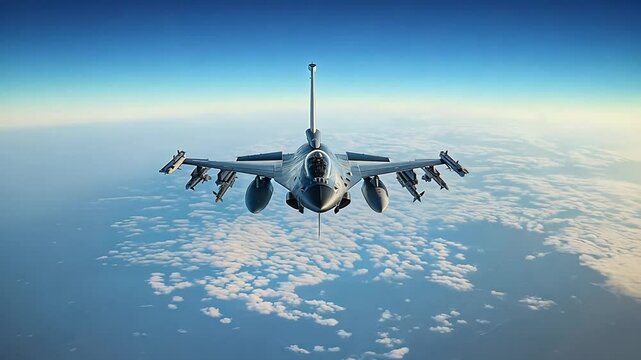 Advance fighter jet flying mid air above clouds