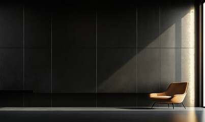 Spotlight And Orange Chair In Dark Room Studio Background.
