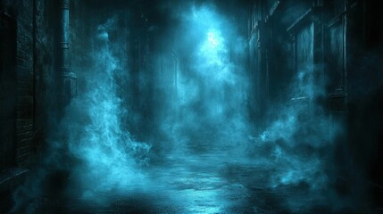 Eerie Blue City Street at Night with Fog and Mysterious Lighting